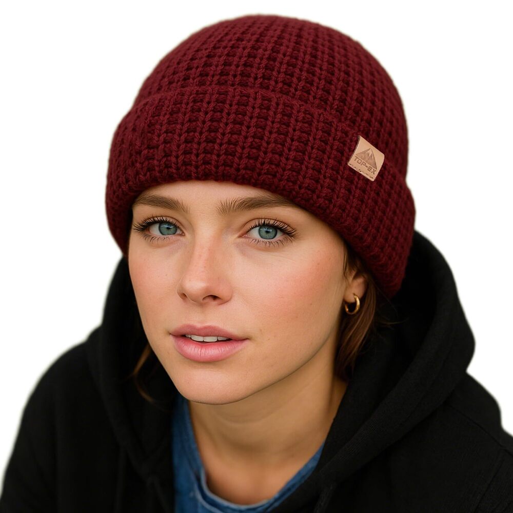 7232 80% Merino Wool Waffle Knit Fisherman Beanie Watch Cap Dual-Layer 2